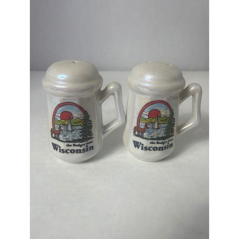 Vintage Wisconsin Badger State Iridescent Lusterware Salt and Pepper Shakers Set